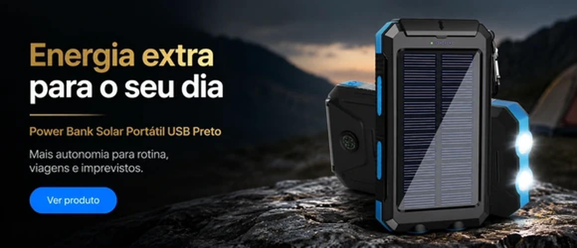 Power Bank Solar Portátil USB Preto